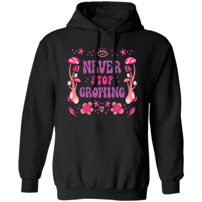 This Never Stop Growing, Mushroom Groovy, Groovy Growing Pullover Hoodie is a stylish and comfortable addition to your wardrobe. It is made of ultra-soft cotton and features a unique mushroom groovy print to add some fun to your look. This hoodie is designed to keep you warm and cozy on chilly days.