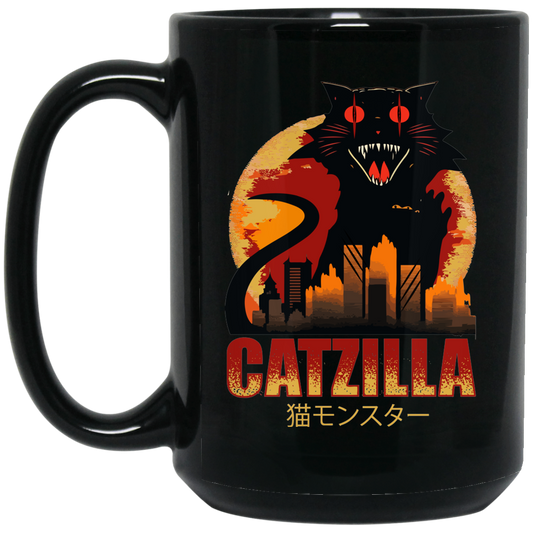 Catzilla In Tokyo City, Horror Cat, Black Cat, Angry Cat Black Mug