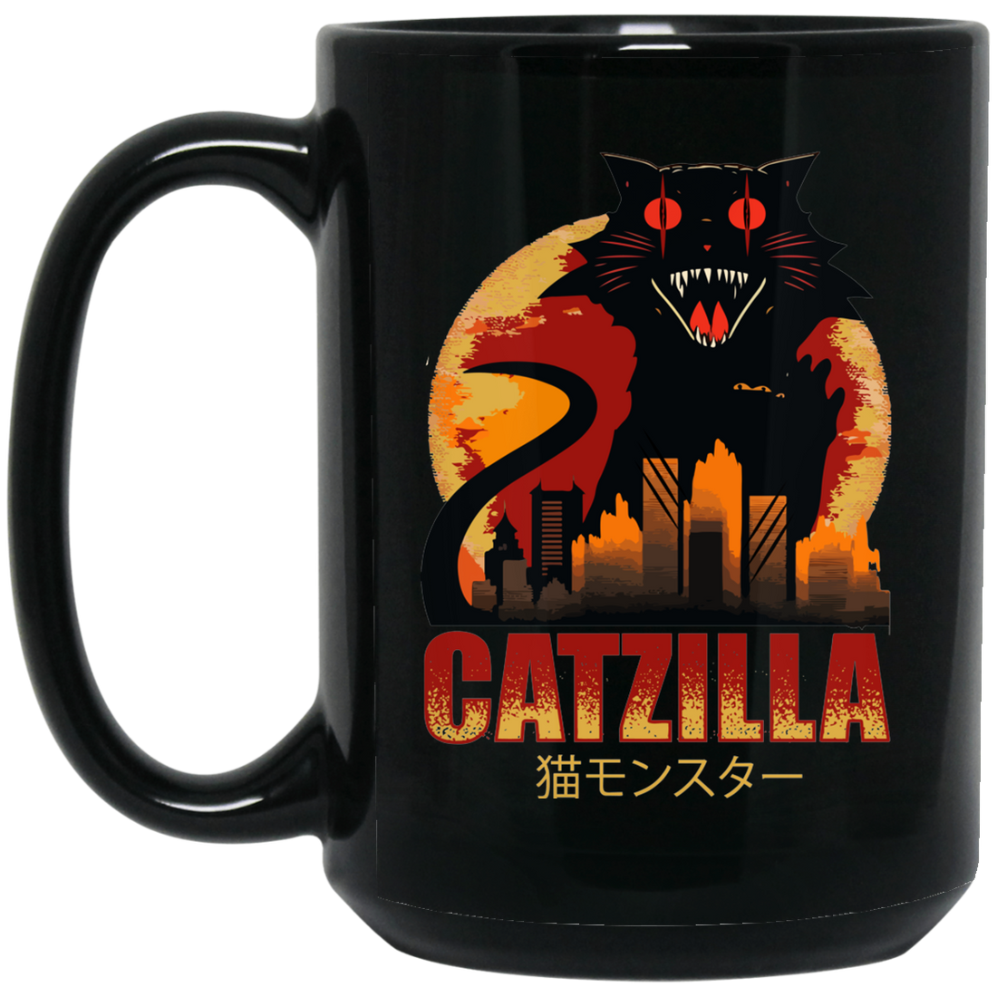 Catzilla In Tokyo City, Horror Cat, Black Cat, Angry Cat Black Mug