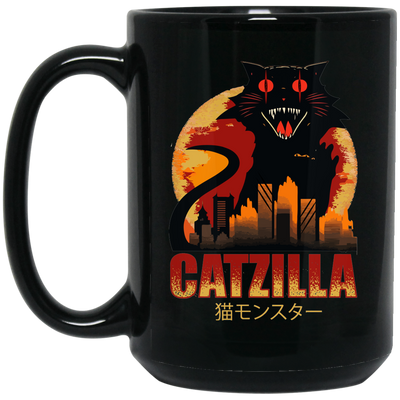 Catzilla In Tokyo City, Horror Cat, Black Cat, Angry Cat Black Mug