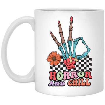Horror And Chill, Skeleton Hand, Okay Sign, Groovy Skeleton White Mug