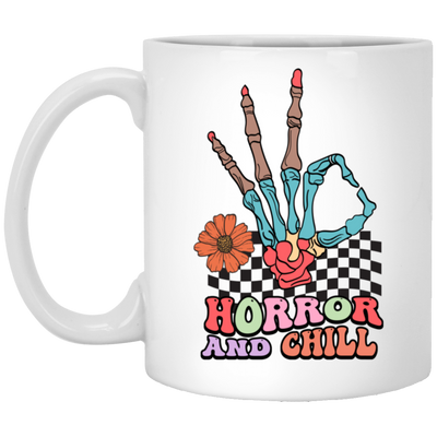 Horror And Chill, Skeleton Hand, Okay Sign, Groovy Skeleton White Mug