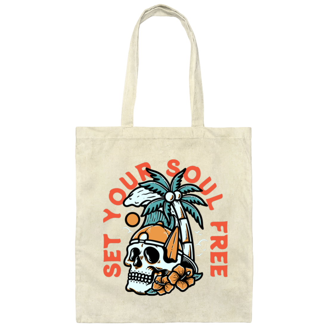 Set Your Soul Free, Cool Skull, Palm Tree On The Beach Canvas Tote Bag
