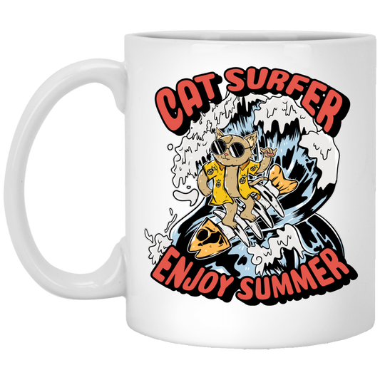 Cat Surfer Enjoy Summer, Surfing On The Beach, Summer Vacation White Mug