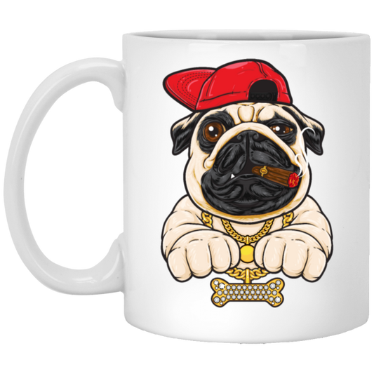 Funny Cartoon Hip Hop Pug Dog, Pug Love Gift, Cool Pug, Rich Pug White Mug