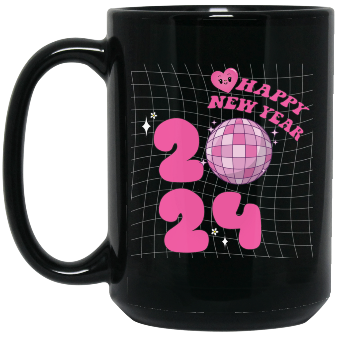 Happy New Year, 2024 New Year, Pink Bauble, Trendy New Year, Merry Christmas, Trendy Christmas Black Mug