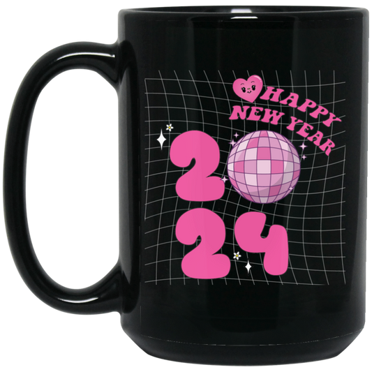 Happy New Year, 2024 New Year, Pink Bauble, Trendy New Year, Merry Christmas, Trendy Christmas Black Mug