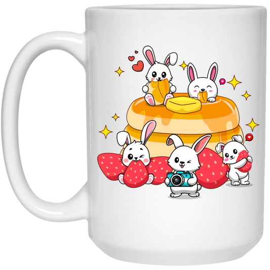 Bunnies With Pancake, Strawberries And Pancake White Mug