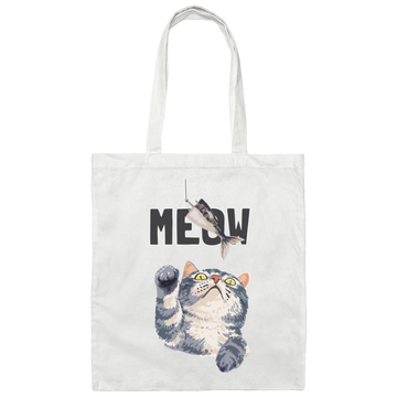 Cute Meow, Cute Stupid Cat, Cat Catch Fishing Rod Canvas Tote Bag