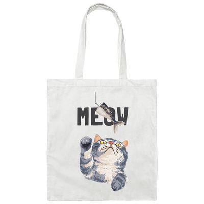 Cute Meow, Cute Stupid Cat, Cat Catch Fishing Rod Canvas Tote Bag