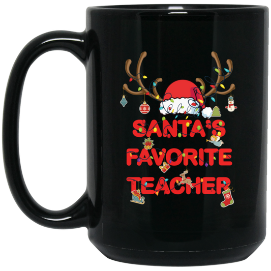 Santa Favorite Teacher, Santa Teacher, Funny Santa, Deer Santa Black Mug