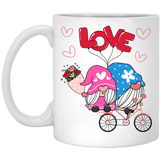Cute Gnome, Gnome Couple, Gnome Ride A Bike With Love, Valentine's Day, Trendy Valentine White Mug