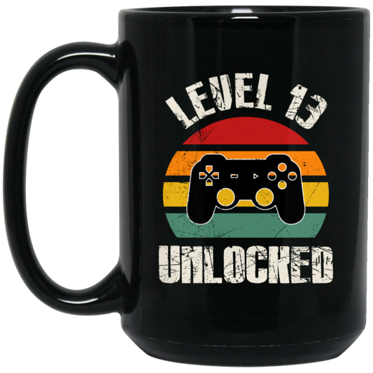 Level 13 Unlocked, Retro Birthday, 13rd Birthday, Gamer Birthday Black Mug