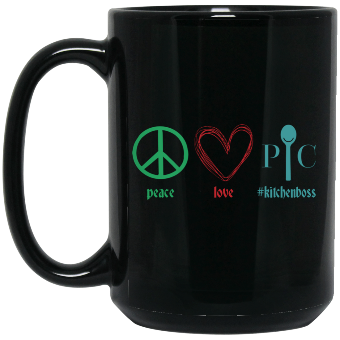 Peace Love Kitchen Boss, Kitchenboss, Love Chef, Pampered Chef Black Mug