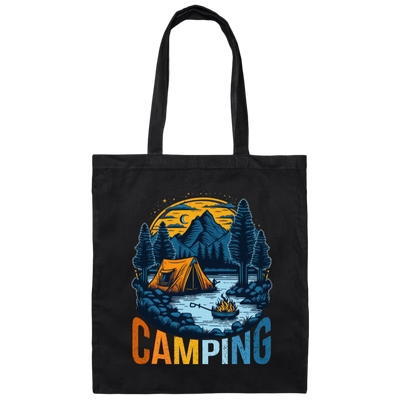 Camping In A Forest, Camping On Lake With Mountain, Retro Style Canvas Tote Bag