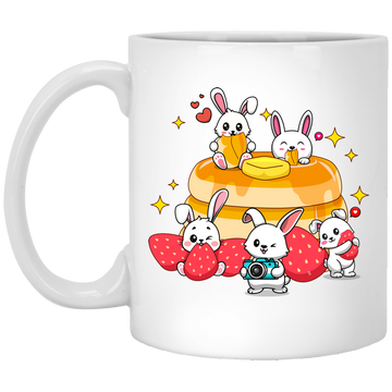 Bunnies With Pancake, Strawberries And Pancake White Mug
