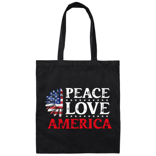 Peace Love American, American Flag, American Sunflower Canvas Tote Bag