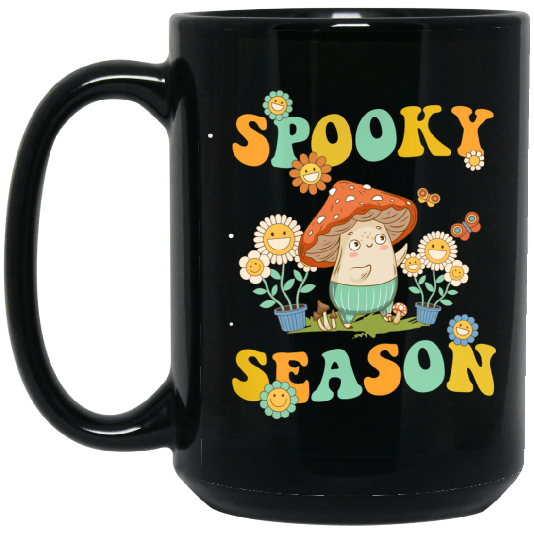 Spooky Season, Spooky Mushroom, Groovy Mushroom Black Mug