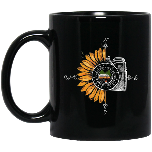 Camping Photography, Camera Sunflower, Love Sunflower, Love Camping Black Mug