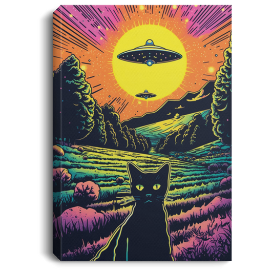 Psychedelic Art Style Of A Cat, Taking A Selfie With UFO Invasion, On The Field Canvas