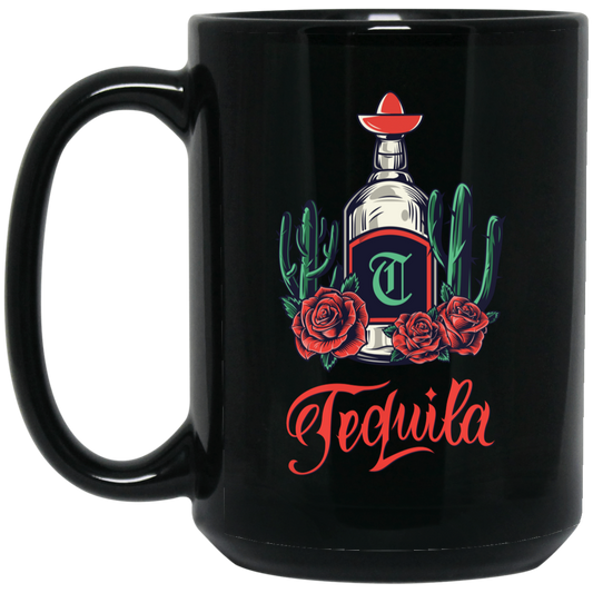 Tequila Bottle, Wine Bottle Central Cactus Forest Black Mug