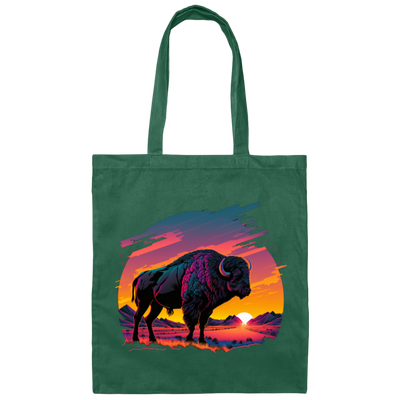 A Bison In Front Of The Sunset, Neon Style, Smooth Lines, Best Of Cow Canvas Tote Bag