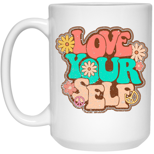 Love Yourself, Peace Love Yourself, Groovy Style, Retro Lovely Gift White Mug