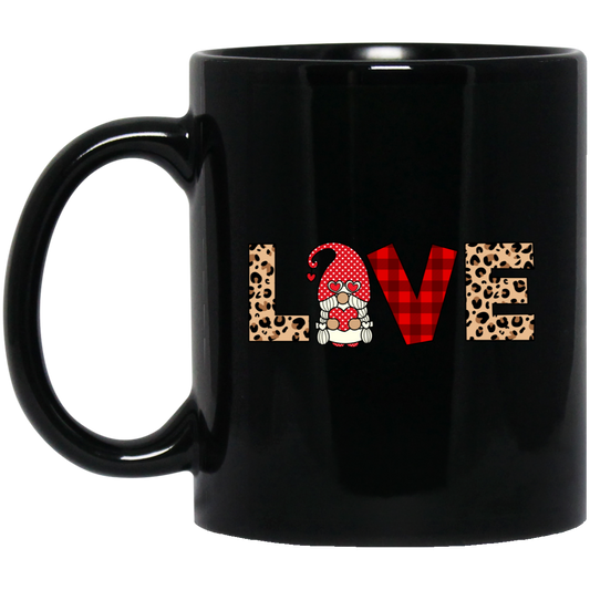 Love Text Design, Red Gnome, Leopard Pattern, Valentine's Day, Trendy Valentine Black Mug