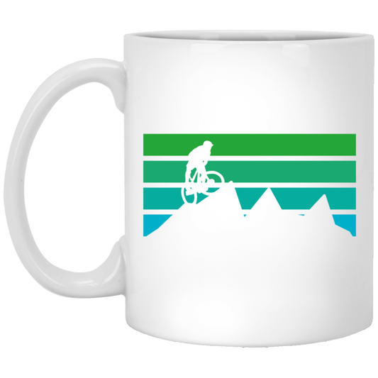 Mountains Vintage, Old With Mountain Bikers, Cycling Family, Green Moutain White Mug
