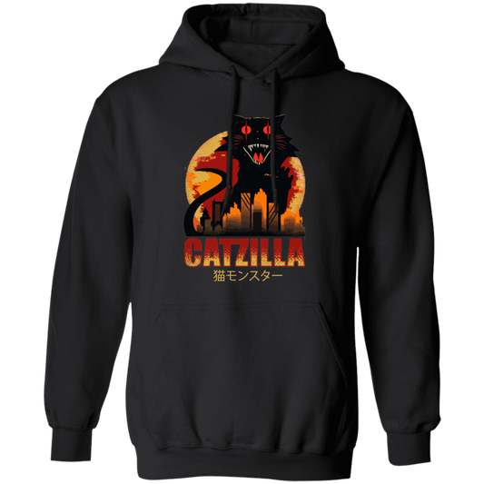 Catzilla In Tokyo City, Horror Cat, Black Cat, Angry Cat Pullover Hoodie