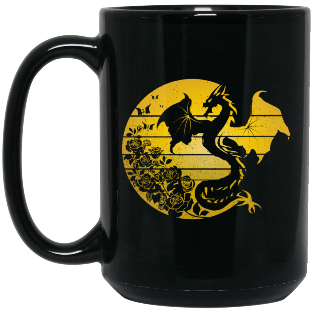 Dragon Flowers Vintage, Gold Dragon, Love Dragon, Flower In Circle Black Mug
