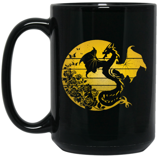 Dragon Flowers Vintage, Gold Dragon, Love Dragon, Flower In Circle Black Mug