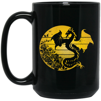 Dragon Flowers Vintage, Gold Dragon, Love Dragon, Flower In Circle Black Mug