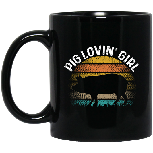 Pig Lovin Girl, Girl Love Pig, Retro Pig, Pig Silhouette Black Mug