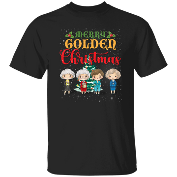 Merry Golden Christmas, Chibi Golden Girl Cartoon With Xmas Tree And Snow Best Gift Unisex T-Shirt