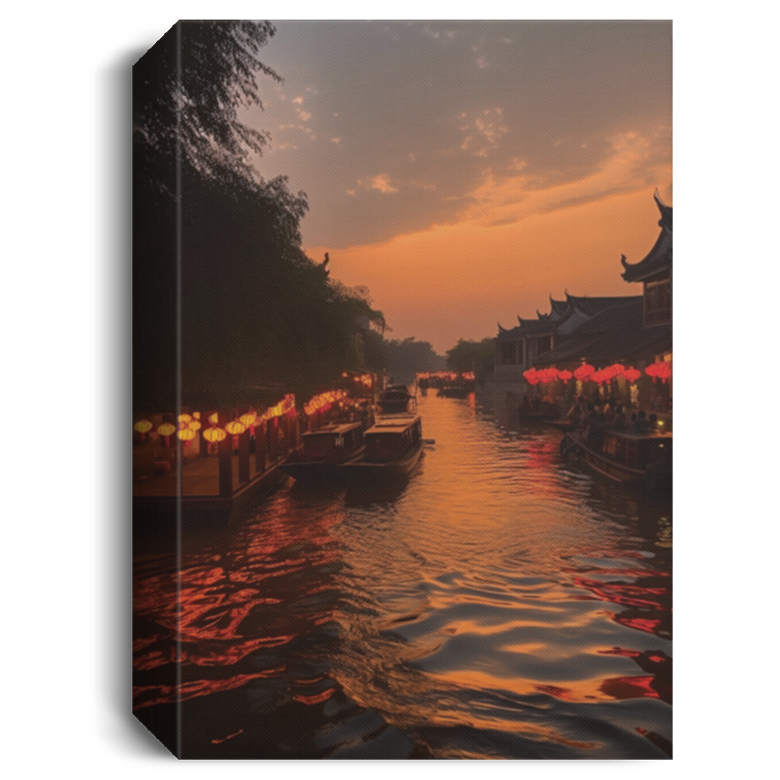 Jiangnan Town, Small Bridges, Flowing Water, Sunset, Lanterns, Boats And Prosperity Canvas