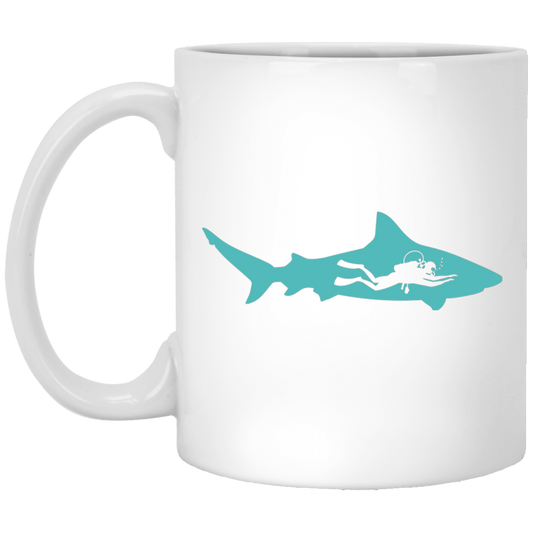 Diving Gift, Diving Silhouette, Shark Lover, Diver Gift White Mug