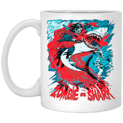 Fight Shark Vs Zombie, Zombie Fight Shark, Horror Gift, Scare Zombie White Mug