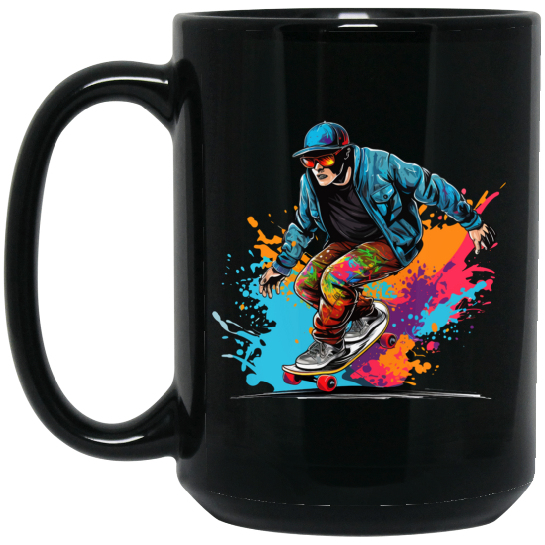 Cool Man, Cool Boy, Boy With Skateboard, Skateboarding Watercolor Black Mug