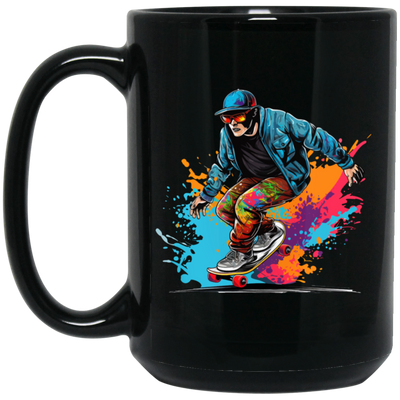 Cool Man, Cool Boy, Boy With Skateboard, Skateboarding Watercolor Black Mug