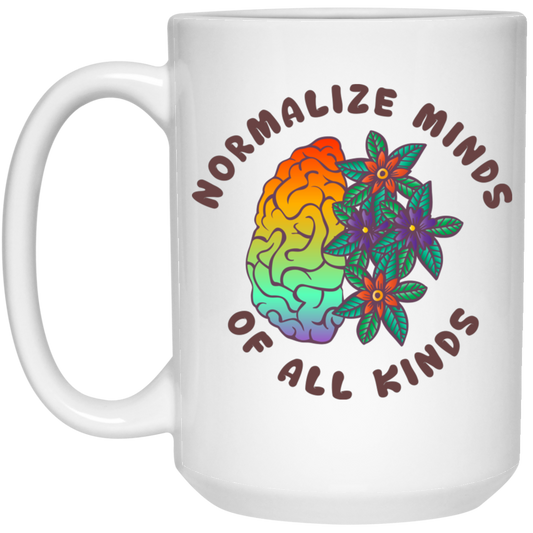 Mental Health, Normalize Minds Of All Kinds, Colorful Brain White Mug