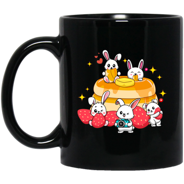 Bunnies With Pancake, Strawberries And Pancake Black Mug