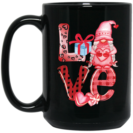 Love Gnome, Pink Leopard, Cute Love, Cute Valentine Black Mug
