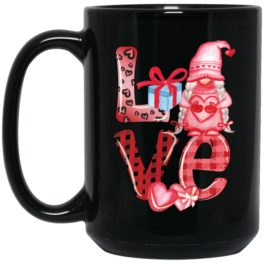 Love Gnome, Pink Leopard, Cute Love, Cute Valentine Black Mug