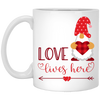 Love Lives Here, Loving Gnome, Cute Gnome, Valentine, Valentine's Day, Trendy Valentine White Mug