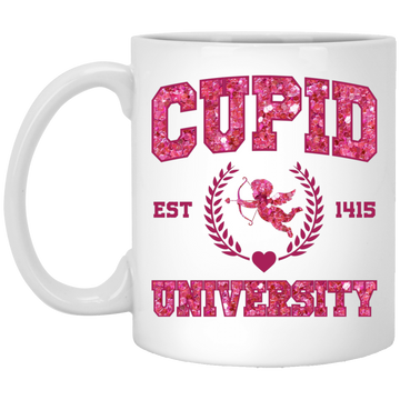 Cupid University, Est 1415, Pink Glitter Cupid, Glitter Valentine, Valentine's Day, Trendy Valentine White Mug