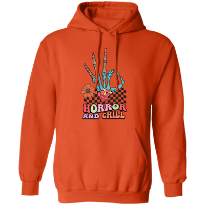 Horror And Chill, Skeleton Hand, Okay Sign, Groovy Skeleton Pullover Hoodie