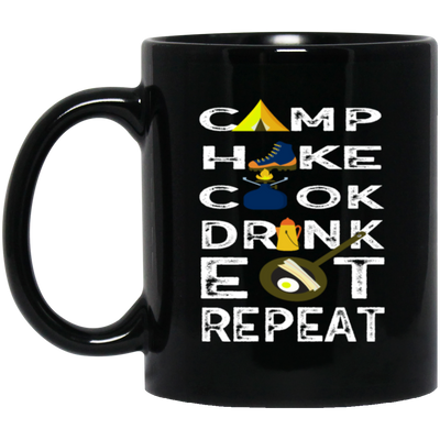 Camping Gift, Hiking And Cook, Drink And Eat, Repeat All, Go Camping Black Mug