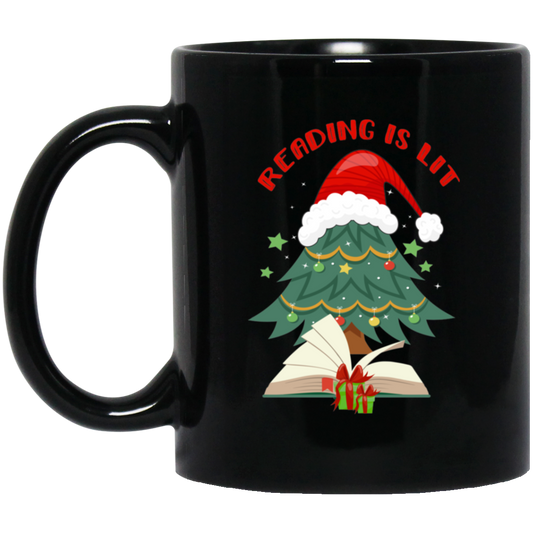 Reading Is Lit, Christmas Tree, Christmas Book, Merry Christmas, Trendy Christmas Black Mug