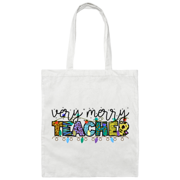 Very Merry Teacher, Merry Christmas, Trendy Christmas, Xmas Lights Canvas Tote Bag